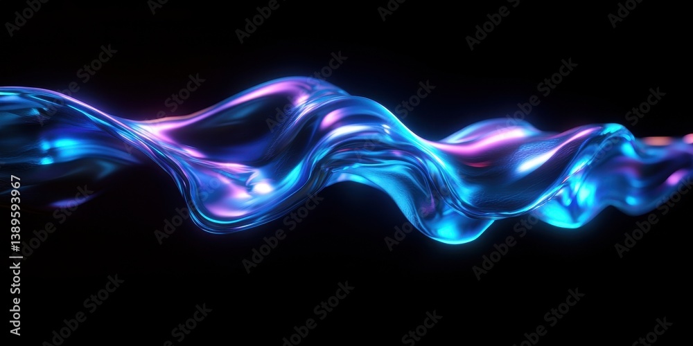 Poster abstract flowing wave with digital light effects against black backdrop creates a futuristic design 