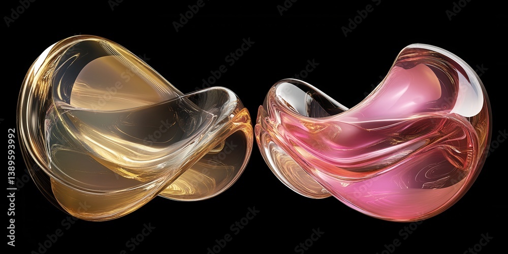 Poster abstract forms with golden and pink iridescent textures on black background visual art