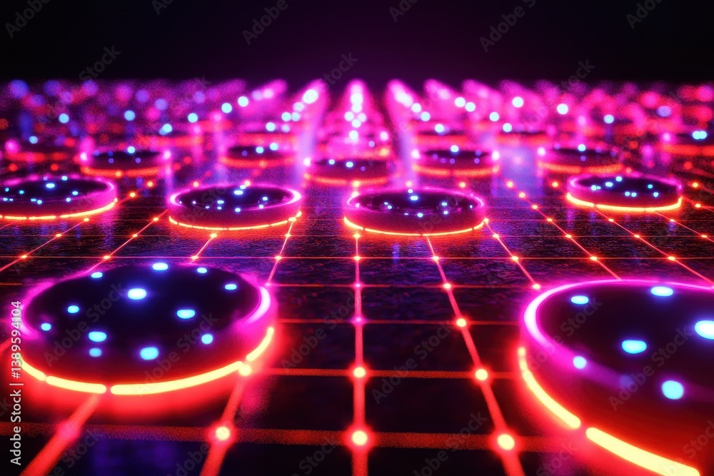 Poster Abstract Futuristic Grid Pattern with Glowing Elements in Dark Tone with a Geometric Design and Red and Purple Lights