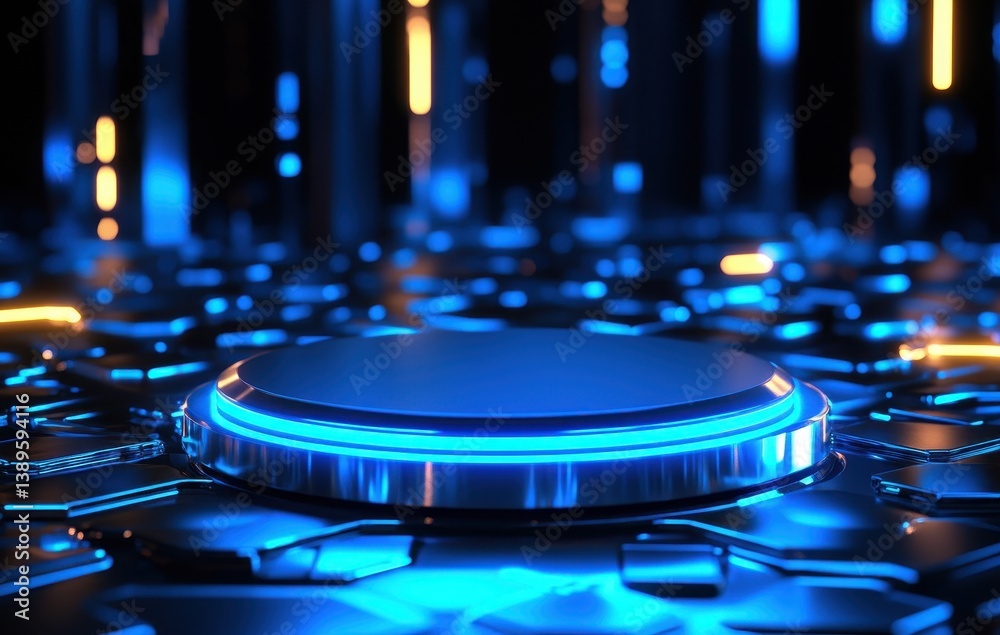 Poster abstract futuristic technology background with blue circuits and golden accents represents modern di