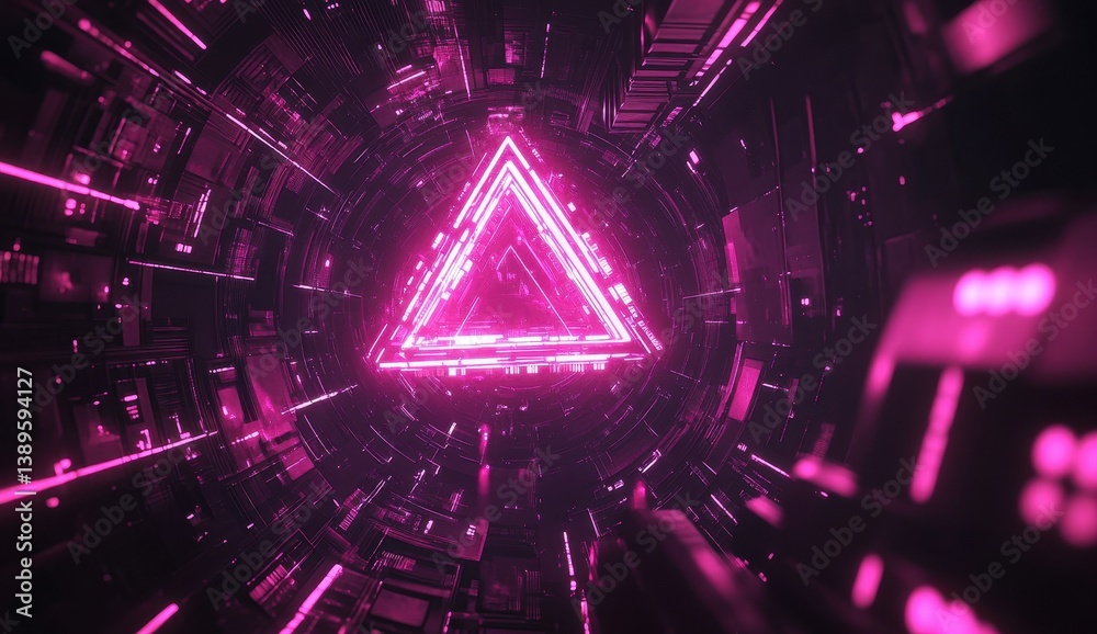 Aufkleber Abstract Futuristic Neon Tunnel with Glowing Magenta Triangle Light and Geometric Pattern in Dark Sci Fi Structure