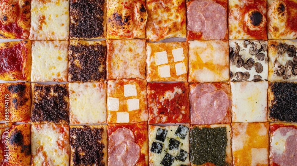 Poster colorful assortment of pizzas arranged in a vibrant chessboard pattern with diverse toppings and sau