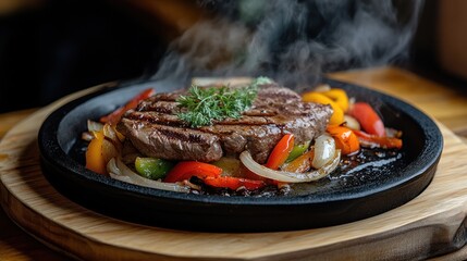 Fototapeta premium Grilled Steak with Veggies on Hot Plate