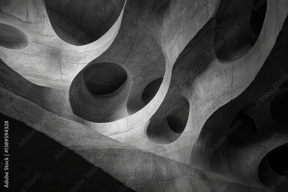 Poster Abstract Geometric Structure in Gray Tones Featuring a Perforated Pattern and Elegant Curves Creating a Modern Three Dimensional Wall Design