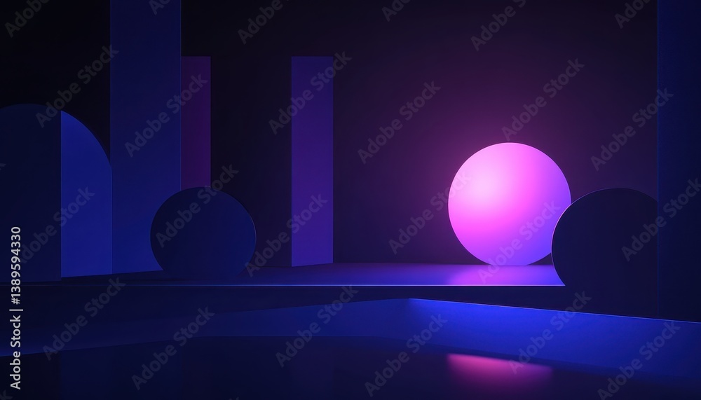 Poster abstract geometric scene with glowing sphere in purple and blue light and shadow 3d render