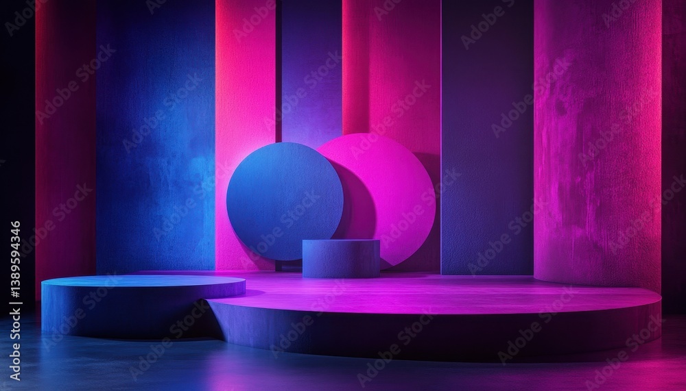 Aufkleber abstract geometric stage with neon lights in blue purple and pink tones cylindrical and circular sha