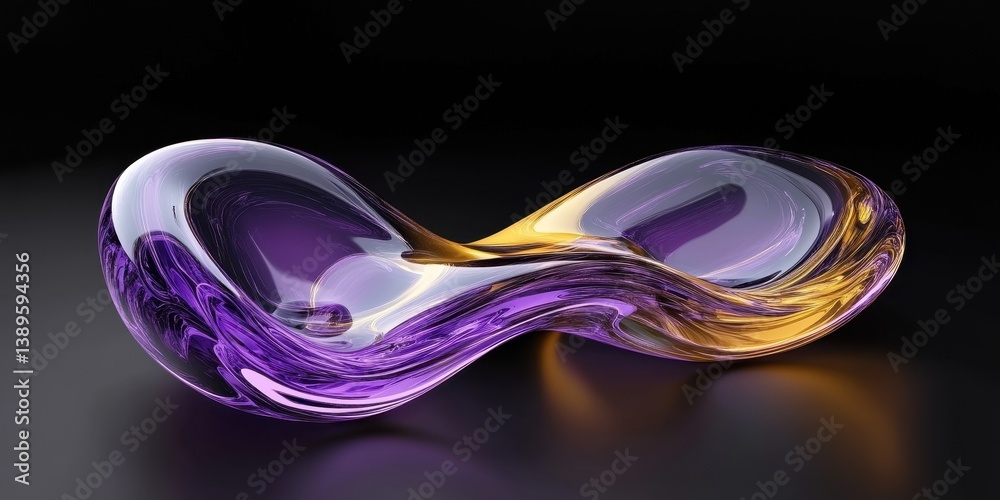 Poster abstract glass figure with flowing curves in purple and gold tones against black background with sub
