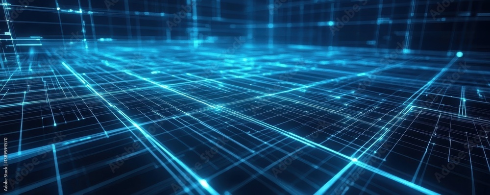 Poster abstract glowing blue grid network with light data connections futuristic technology background in a