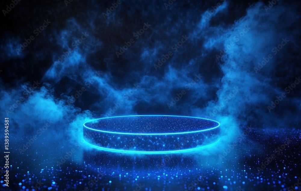 Poster abstract glowing blue podium with smoke and particles for product display in a dark futuristic envir