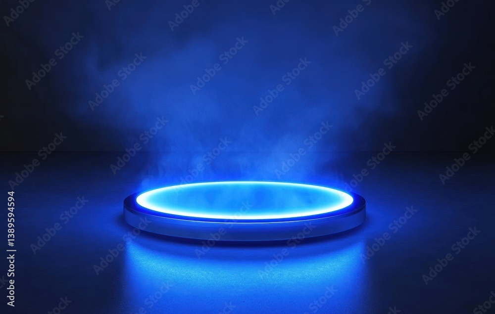 Poster abstract glowing blue light with smoky vapor effect on round metallic platform in a dark space backd