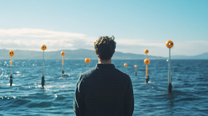 A renewable energy researcher developing tidal stream generators for sustainable energy, coastal area with tidal generators and ocean data visible, High-tech style