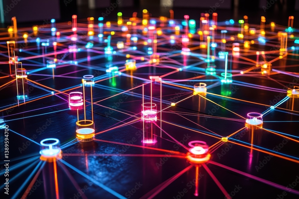 Aufkleber Abstract Glowing Network with Blue Orange and Magenta Lights Connecting Cylindrical Pillars on a Dark Surface Futuristic Technological Data Connection