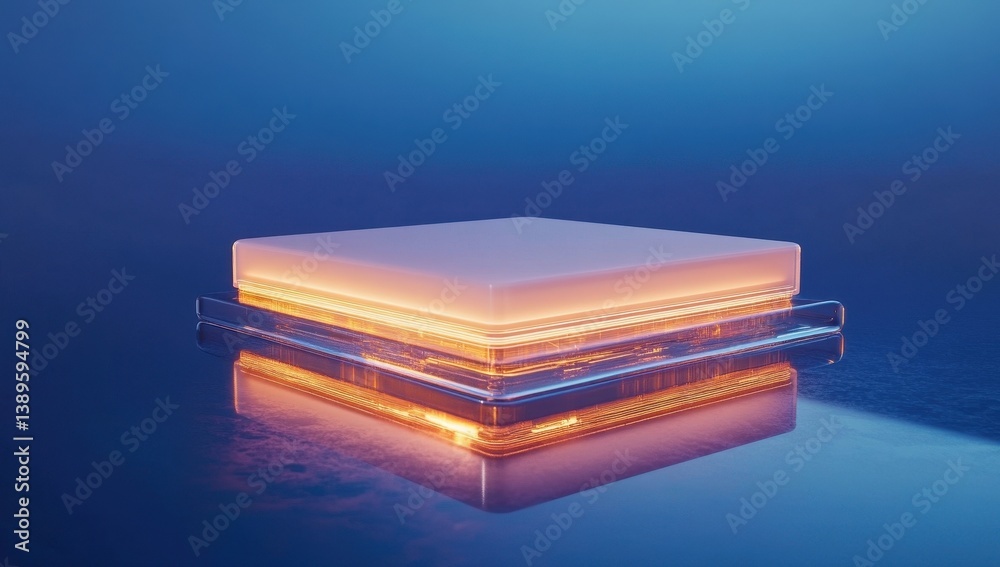Poster abstract glowing stacked cube structure in orange and blue tones with a geometric design and a futur