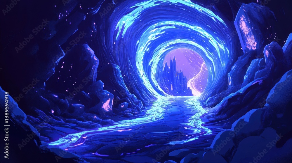 Poster abstract glowing tunnel leading to a distant castle in a pixelated fantasy landscape