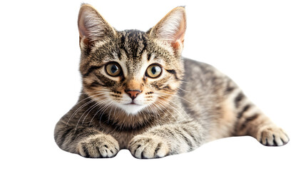 Obraz premium Tabby Cat Relaxing: Cute Feline Resting on Transparent Background with Clipping Path