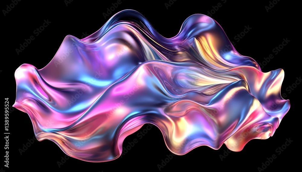 Aufkleber Abstract Iridescent Wave With Metallic Texture on Black Backdrop Colorful Fluid Design and Digital Art With Modern Shape and Dynamic Surface and Gradient Background