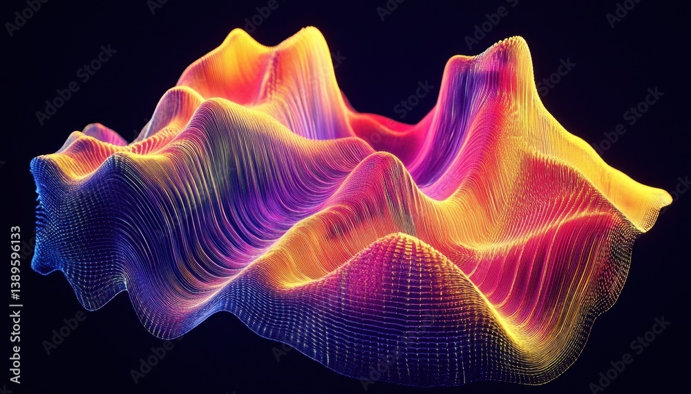 Aufkleber Abstract Mountain Landscape with Colorful Wavy Lines and Surface Texture in a Dark Background for Futuristic Digital Artwork and Presentation