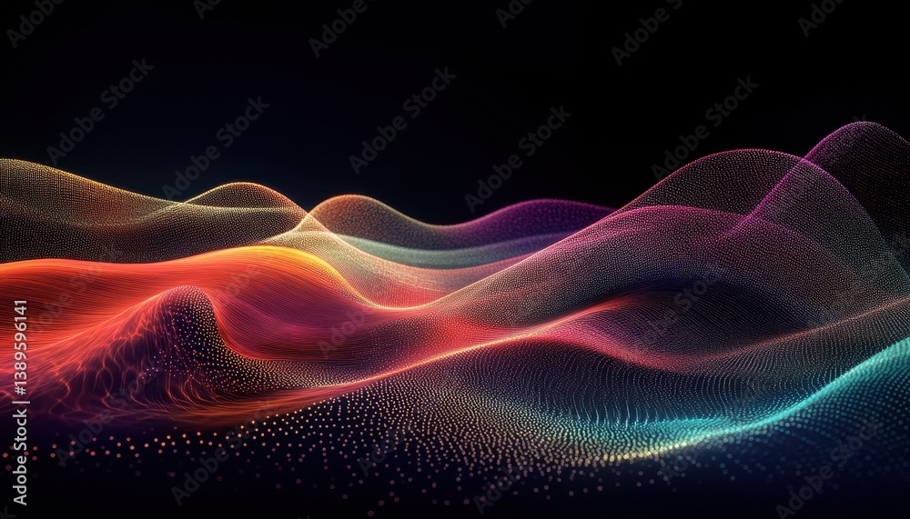 Aufkleber Abstract Multicolored Particle Wave Background with Digital Glow and Dynamic Motion in Black Backdrop