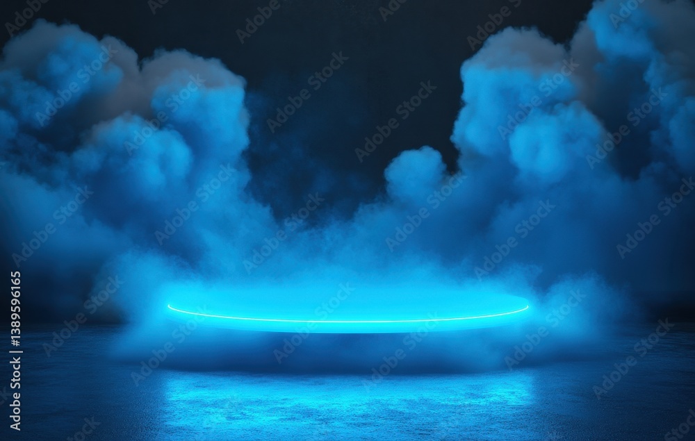 Poster abstract neon blue circle podium surrounded by mist clouds on dark surface for product display and p