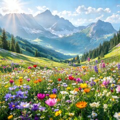 Fototapeta premium Whispers of Nature: Serene Wildflowers Against Majestic Mountains