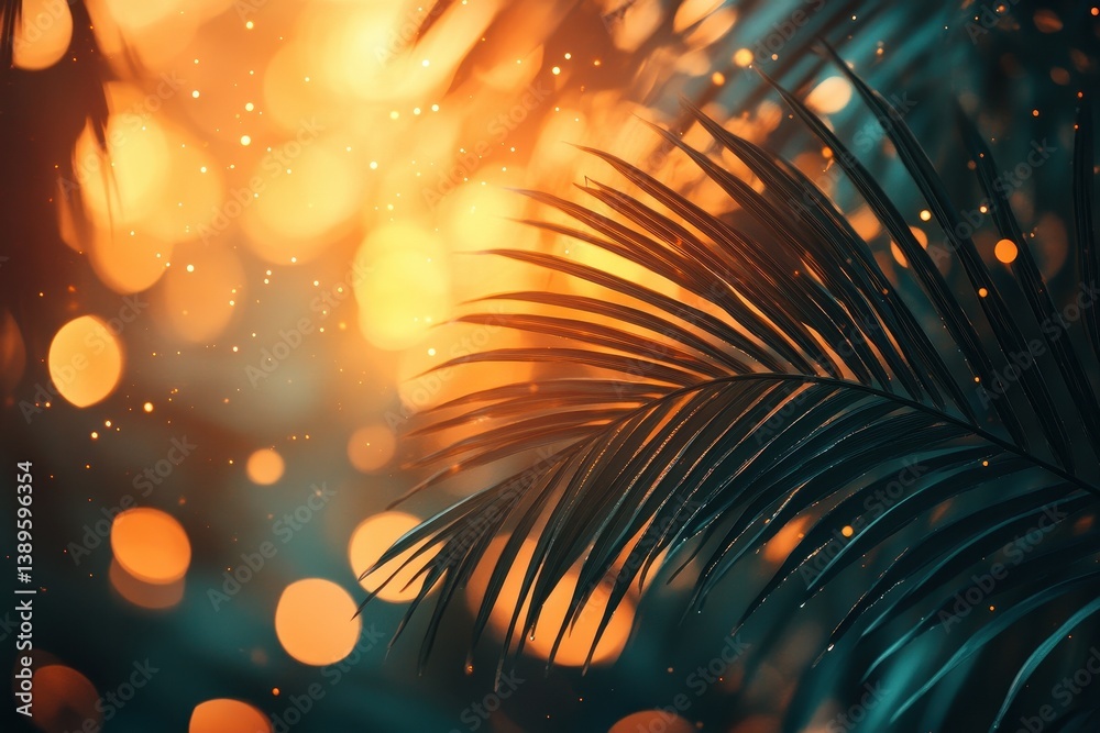 Poster abstract palm leaf with glowing bokeh background in warm light and tropical atmosphere for holiday d