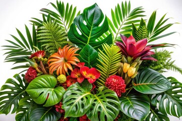 Fototapeta premium High-resolution image: lush monstera, fern, and floral bush create a vibrant tropical arrangement.