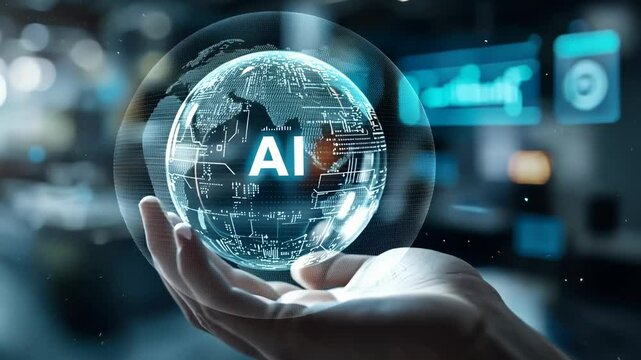 An digital sphere letters 'AI' hand, symbolizing artificial intelligence, advanced technology, , futuristic concepts. The glowing sphere represents interconnected systems , innovation computing.