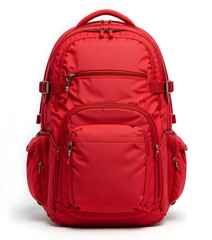 Fototapeta premium Vibrant red backpack designed for school or travel, isolated against a clean white background