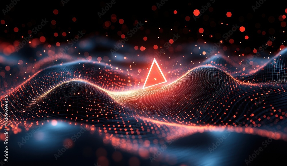 Poster abstract red and blue digital wave pattern with glowing triangle in center for technology background