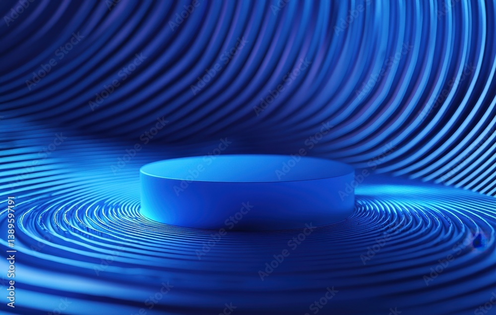 Aufkleber Abstract Round Podium with Concentric Blue Waves for Product Display a Modern 3D Rendering in a Studio Setting with Geometric Shapes and Contemporary Design