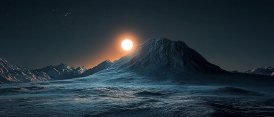 A mountain is lit up by the sun and the sky is dark