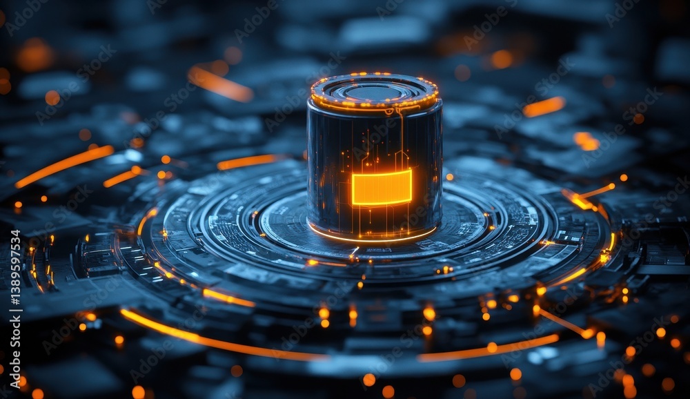 Poster Abstract Technological Core with Blue Circuits and Orange Glowing Highlights Representing Futuristic Computing and Artificial Intelligence