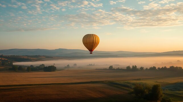 Hot air balloon soaring above a misty landscape at sunrise.