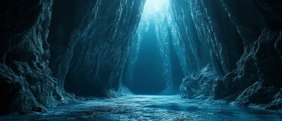 A cave with a blue light shining through it