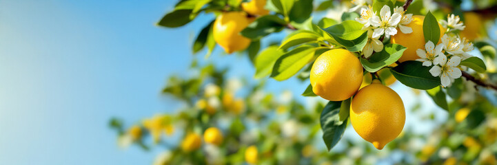 Lemon tree branch with fruit and white flowers. Blue sky in the background. Vertical layout with space for text