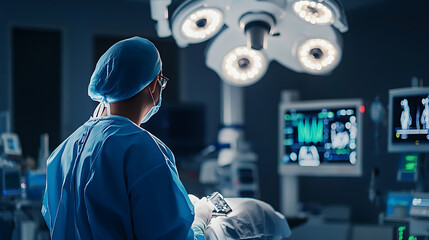 A robotic surgery specialist developing AI assisted surgical robots for precision operations, operating room with robotic surgery tools, AI software