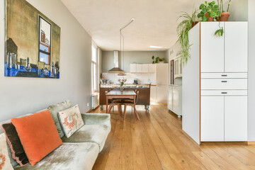 A stylish living room featuring a mix of colorful cushions on a sofa, wooden flooring, and sleek kitchen appliances in an open layout, complemented by artistic decor.