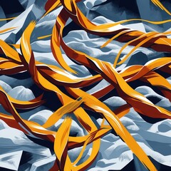 Seamless pattern shows background with shapes. Orange ribbons across blue waves make repeated backdrop.