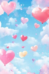 Fototapeta premium Floating pastel heart-shaped balloons brighten the sky on a romantic Valentines Day