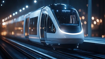 Futuristic train at night station