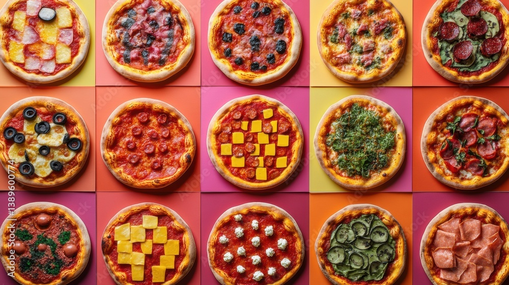 Poster colorful assortment of pizzas arranged in a vibrant chessboard pattern showcasing various toppings a