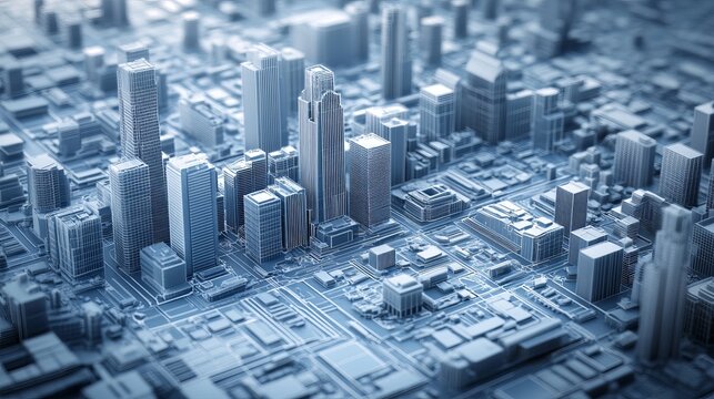 Aerial view of a miniature city model with skyscrapers and intricate street patterns in monochrome