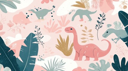 Obraz premium Pastel Dinosaurs in a Floral Jungle