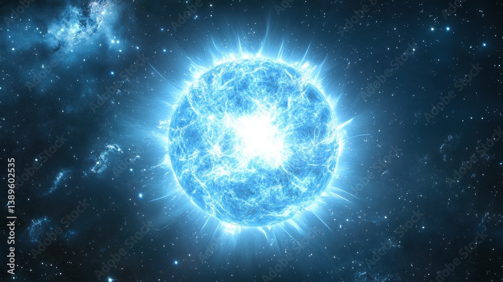 Poster blue star cluster formation in deep space illustrating cosmic event in glowing light effect with ste