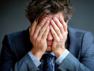 Stressed Businessman Covering Face with Hands in Emotional Distress and Anxiety

