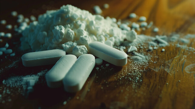 Crushed pill on a black background. Close-up. Drug abuse
