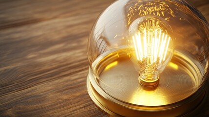 Warm Glow Lightbulb in Glass Dome on Wooden Table