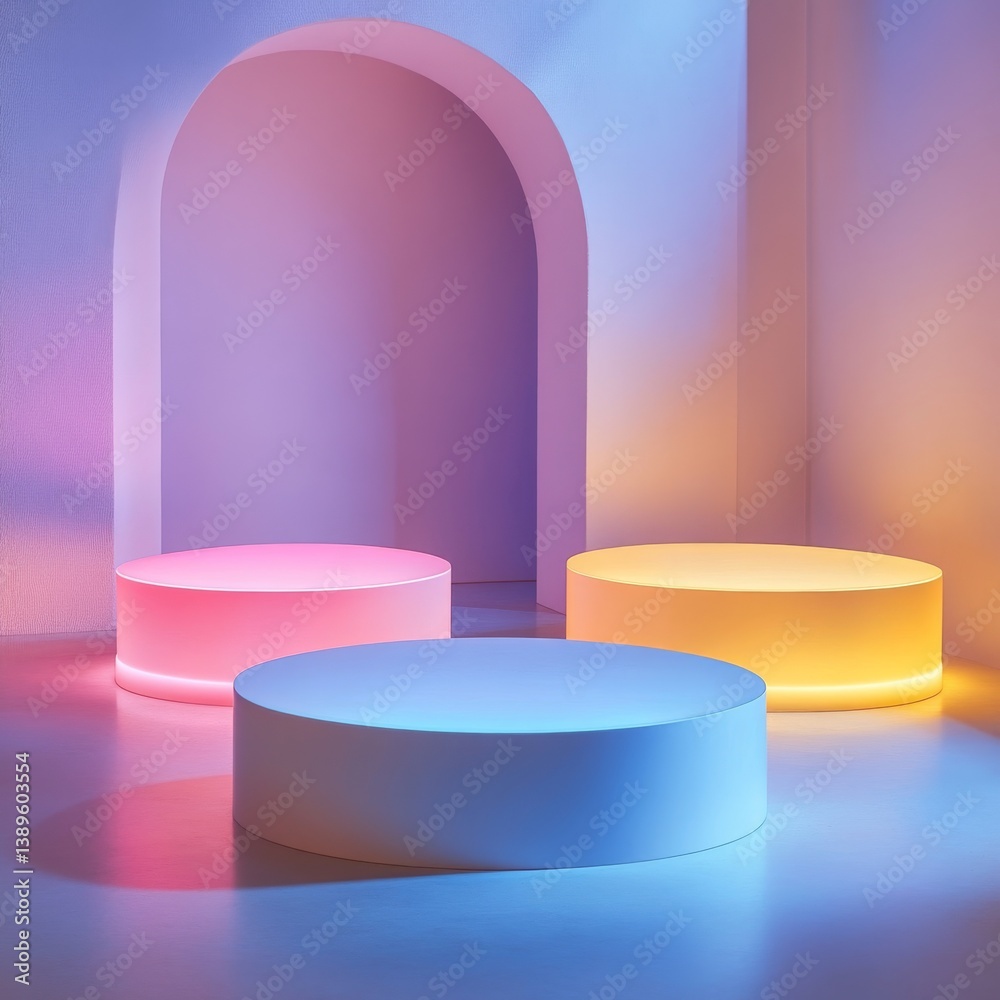 Aufkleber luminous platforms: abstract scene with soft lighting and arched opening, perfect for product mockup