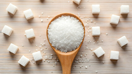 White Sugar Cubes and Crystals on Wooden Background