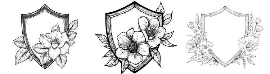 Medieval heraldic armorial family coat of arms design incorporates a shield crest with filigree and vintage woodcut style heraldry illustration